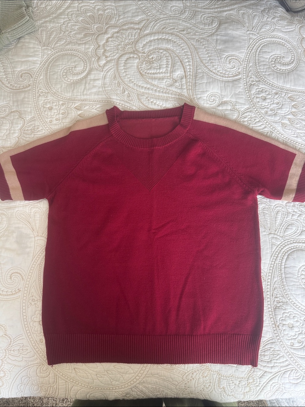 Women's Short-Sleeve Crewneck Sweater in Burgundy with Tan Stripes